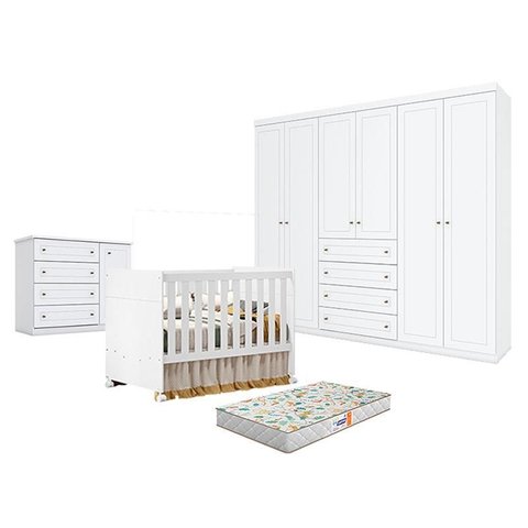 Quarto de Bebê Americano 6 Portas Com berço Americano Katatau Branco Acetinado – Reller - Henn e Col