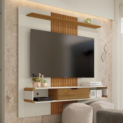Painel para TV Pérola Ripada com Nichos 65 Off White Cinamomo MDP Bechara Móveis