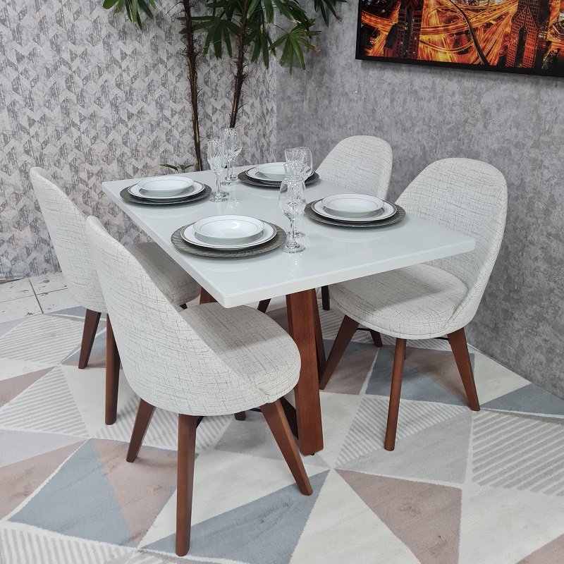 Sala de Jantar Mesa Lia e 4 Cadeiras Dilly Fixas D'confort Design Linho Bege R55