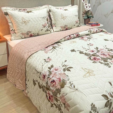 Cobre Leito King Confort Print Micropercal 300 Fios Toque de Algodão 3 Peças - Flores Rose - 100% Po