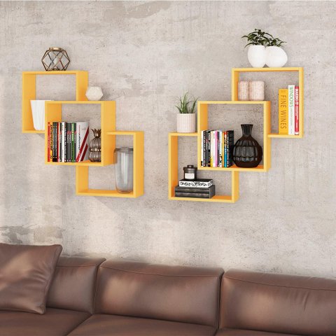 Kit 2 Nichos Prateleiras Decorativas Quadrado 79 Cm Sala Quarto Escritório Mdp Amarelo - Clicklar