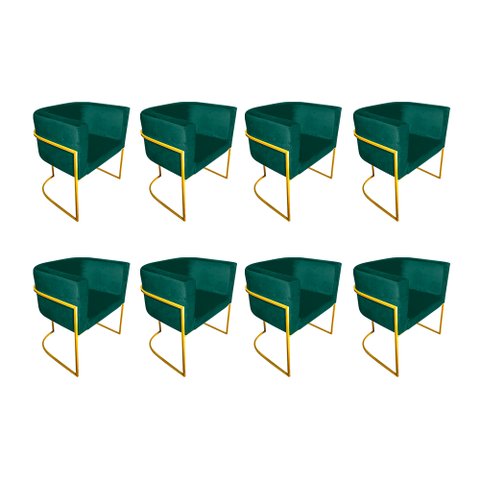 Kit 8 Cadeiras de Jantar Premium Base de Ferro Dourada Veludo Verde