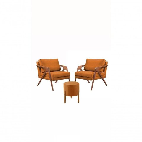 Conj. 2 Mona com 1 Puff Madeira Maciça Veludo Moderna Cor:terracota