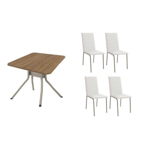 Conjunto: Mesa de Cozinha Loire C/ Tampo de Madeira 90cm + 4 Cadeiras Amsterdã Niquel/branco 106 -
