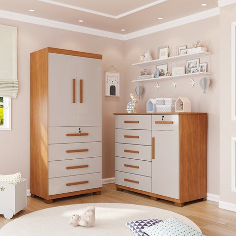 Quarto Infantil Guarda-Roupa 2 Portas 4 Gavetas e Cômoda 1 Porta 6 Gavetas Anne Espresso Móveis Marrom/Cinamomo/Off White