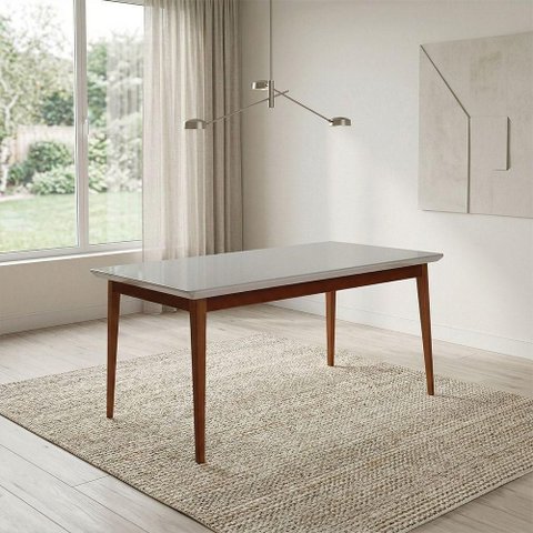 Mesa de Jantar Onix Vidro 136cm Off White com Pés Madeira Maciça Carmo Móveis