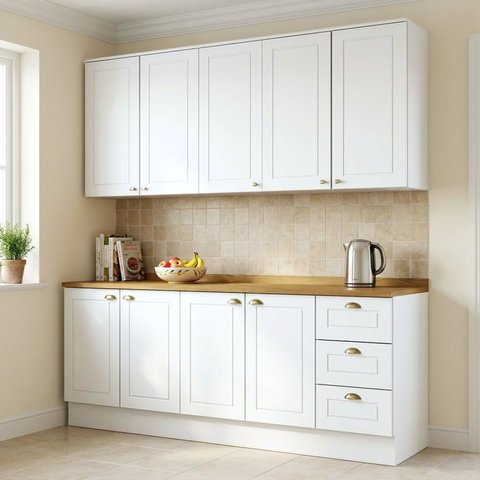 Cozinha Compacta Modulada 4 Peças 100% MDF 2 Armários Aéreos 2 Balcões com Tampo Branca/Nature Emily