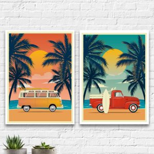 Kit 2 Quadros Decorativos Carros Na Praia 33x24cm:Madeira branca