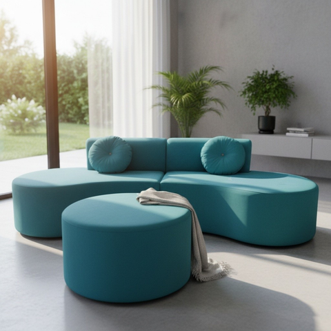 Sofá Modular Orgânico Monterrey 260cm + Puff Veludo Azul Turquesa