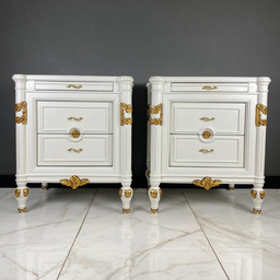 Mesa de Cabeceira Pés Torneados em Madeira Maciça Laca Branca Apliques Folheados a Ouro Philippe - 4