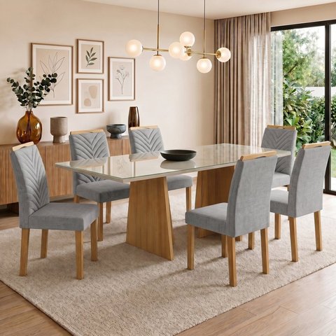 Conjunto Sala de Jantar 6 Lugares Retangular Tampo Vidro MDF 160x80cm Mesa Lyra e Cadeiras Carol