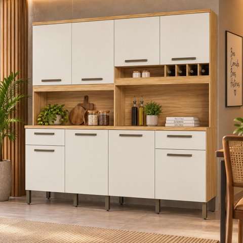 Cozinha Compacta 100% MDF 8 Portas 2 Gavetas Carbenet Prime Amendoa / Off White Ronipa