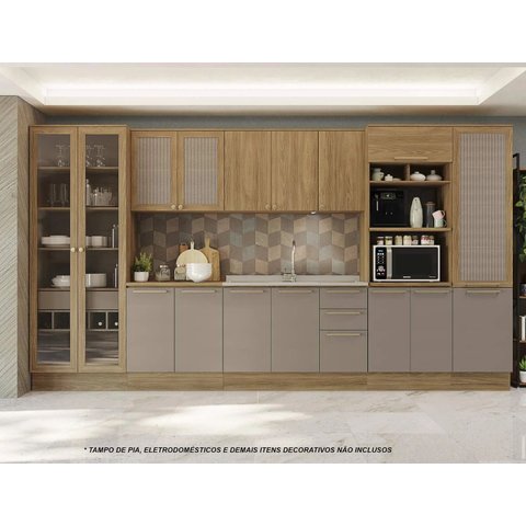 Armário de Cozinha Modulada Completa Reta 8 Peças 4,00m 190 Botanic Kappesberg - Nogueira/Fendi