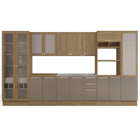 Armário de Cozinha Modulada Completa Reta 8 Peças 4,00m 190 Botanic Kappesberg - Nogueira/fendi