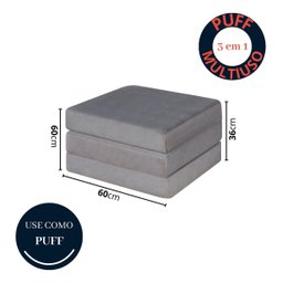 Puff Vira Cama Dobrável Multiuso 3 Em 1 Quarto Sala Suede - Cinza - 4
