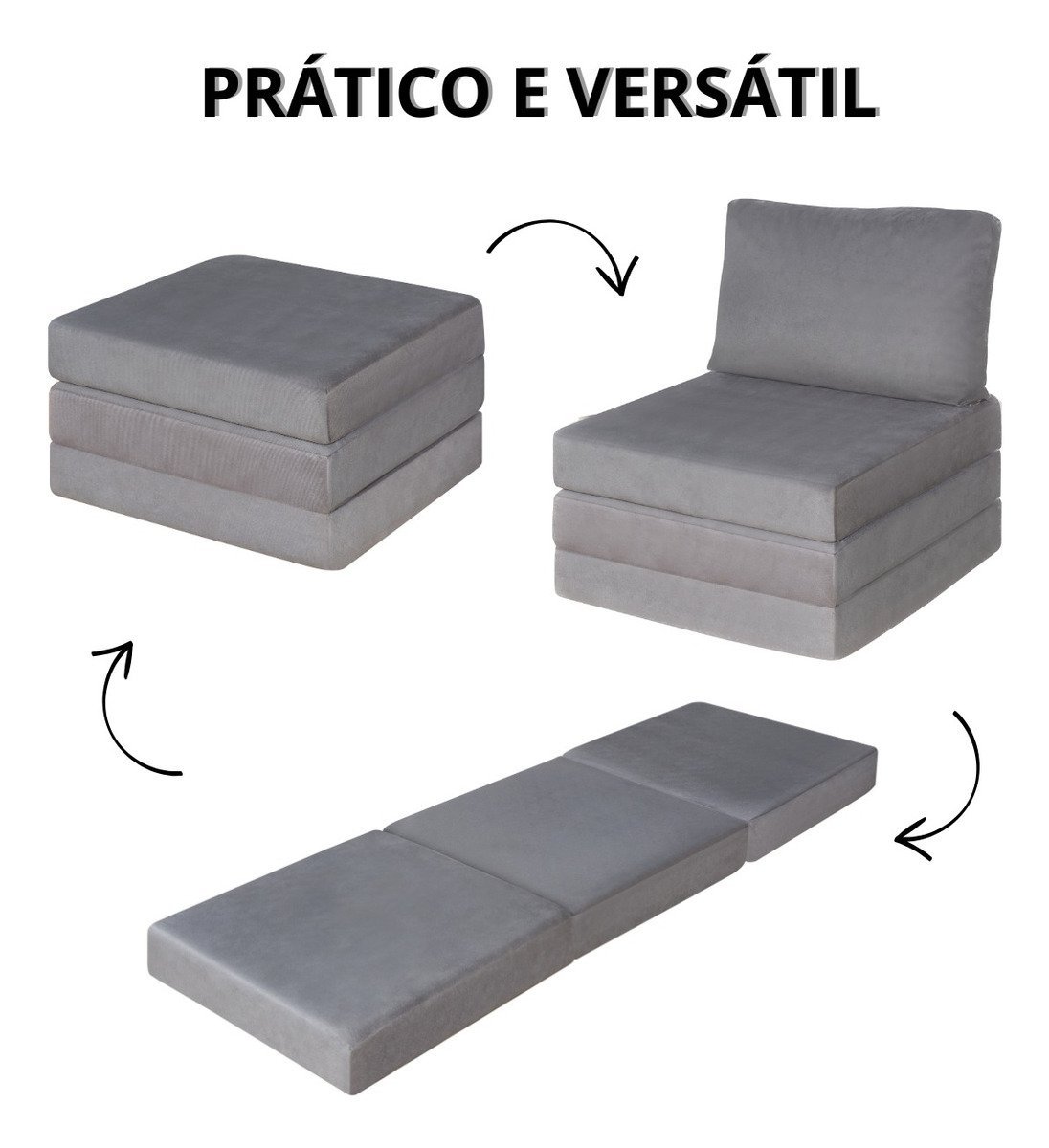 Puff Vira Cama Dobrável Multiuso 3 Em 1 Quarto Sala Suede - Cinza ...