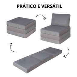 Puff Vira Cama Dobrável Multiuso 3 Em 1 Quarto Sala Suede - Cinza - 5