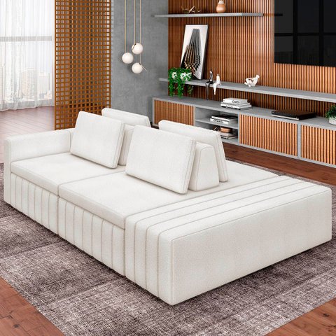 Sofá Ilha e Puff Sala Living 265cm Siesta M22 Bouclê Bege Claro - Mpozenato