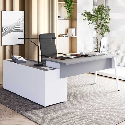 Mesa L Diretor com Armário Lateral 3 Gavetas 180cm Industrial Tampo Chanfrado Pés em Metal Executive