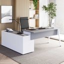 Ver imagem 1 de Mesa L Diretor com Armário Lateral 3 Gavetas 180cm Industrial Tampo Chanfrado Pés em Metal Executive
