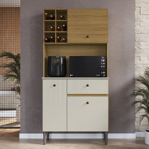 Armário de Cozinha 3 Portas 1 Gaveta com Espaço para Micro-Ondas e Adega Bege/Ipê/Cristallo/Petra