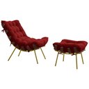 Ver imagem 1 de Conjunto Decorativo Poltrona e Puff Abel Base de Madeira Dourada Veludo Vermelho - Gran Belo