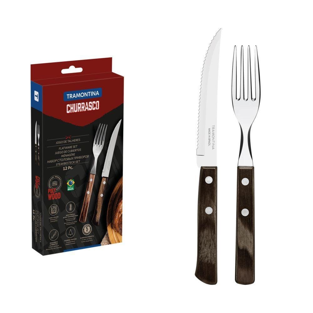 Jogo de Talheres para Churrasco Tramontina em Aço Inox com Cabo Castanho Polywood 12 Peças