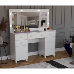 Penteadeira Camarim 5 Gavetas 2 Portas com Espelho e Led - 1 Penteadeira Camarim 5 Gavetas 2 Portas com Espelho e Led - 1