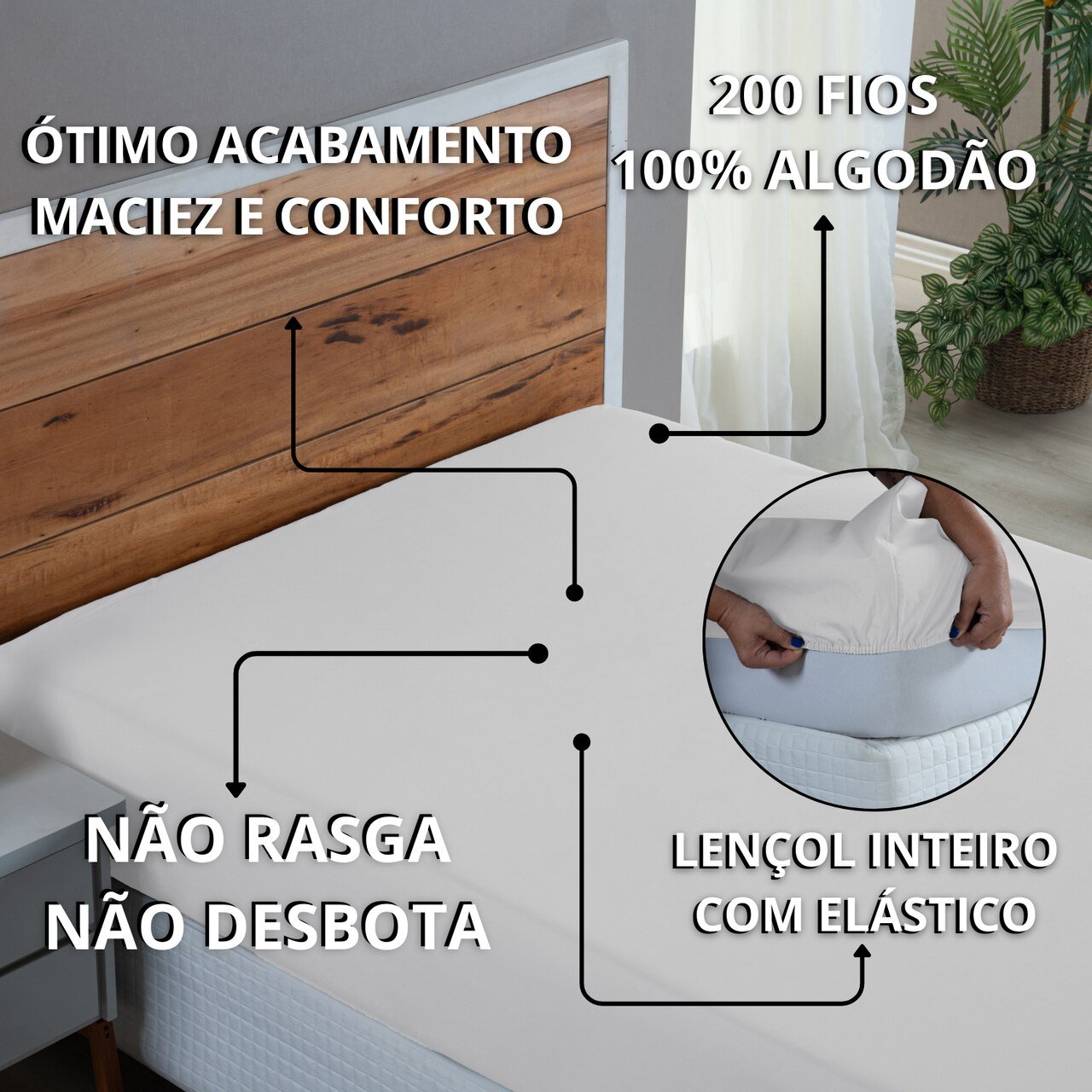 Lençol Casal Padrão Algodão 200 Fios com Elástico Forro de Cama para Hotelaria Pousada:branco - 5