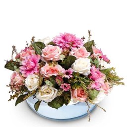 Arranjo Grande Rosas Artificiais Mistas Vaso Prata Espelhado - 1