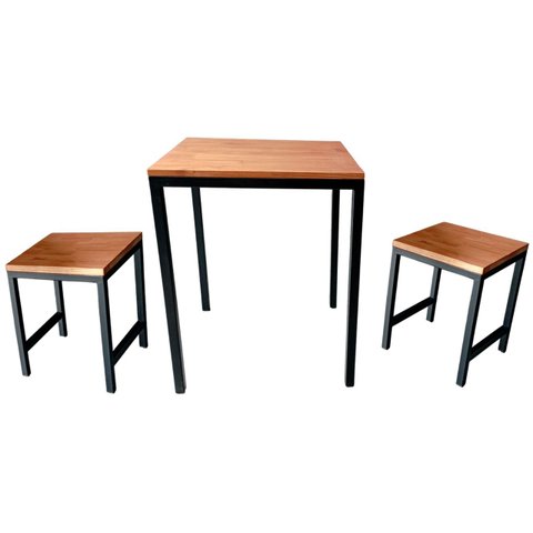 Conjunto de Jantar - Uma Mesa e Dois Bancos Quadrados Linha Industrial Pés Tradicionais - Preto e Ca