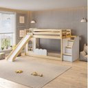 Ver imagem 1 de Beliche Montessoriana com Escada Lateral, LED e Escorregador New Garden Casatema MadeiraOriginals Marrom/Branco