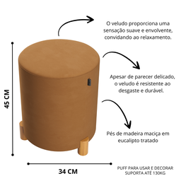 Kit 2 Puff Banqueta Veludo Premium Pés Madeira Maciça 45x34 Terra Cota - 2