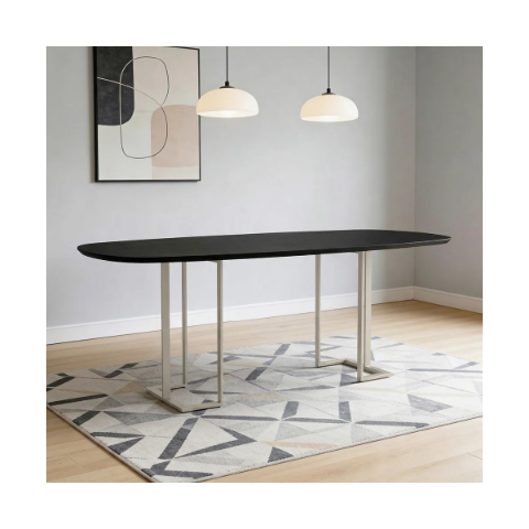 Mesa de Jantar 8 Lugares Retangular Orgânico com Vidro 200cm Pés Industrial Alina N01 Preto Champanh