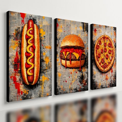 Kit 3 Quadro Decorativo Fast Food Hot Dog Hambúrguer Pizza 40x28cm
