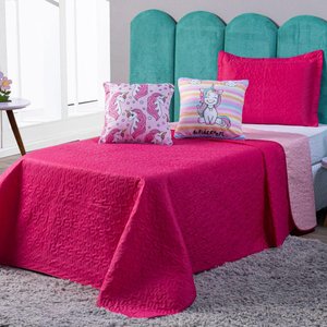 Kit Cobre Leito Unicórnio Listrado Pink/rosa Dupla Face C/ Almofadas Casal Padrão 05 Peças