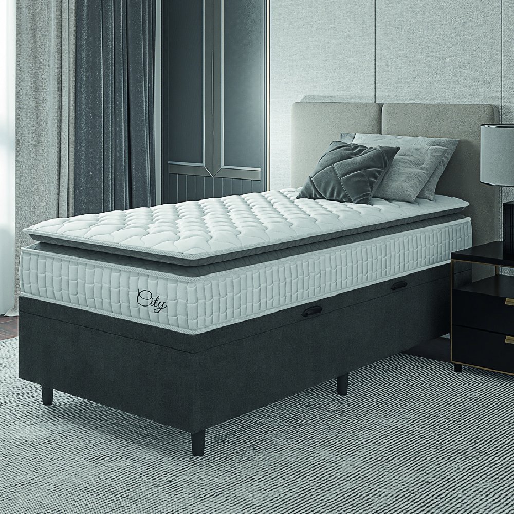 Cama Box Baú Colchão Solteiro Molas Ensacadas City Pillow Top 88x188x64cm Branco / Cinza Hellen - Su - 1