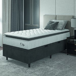 Cama Box Baú Colchão Solteiro Molas Ensacadas City Pillow Top 88x188x64cm Branco / Cinza Hellen - Su