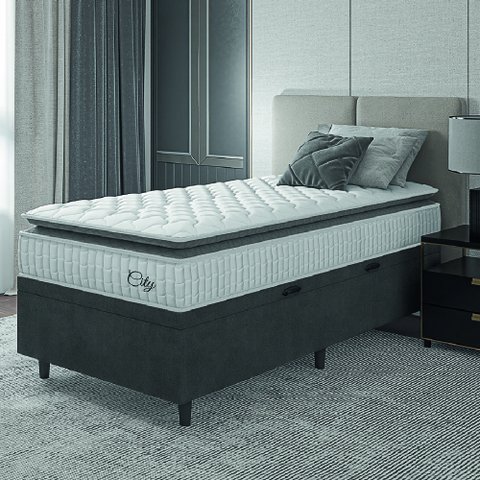 Cama Box Baú Colchão Solteiro Molas Ensacadas City Pillow Top 88x188x64cm Branco / Cinza Hellen - Su