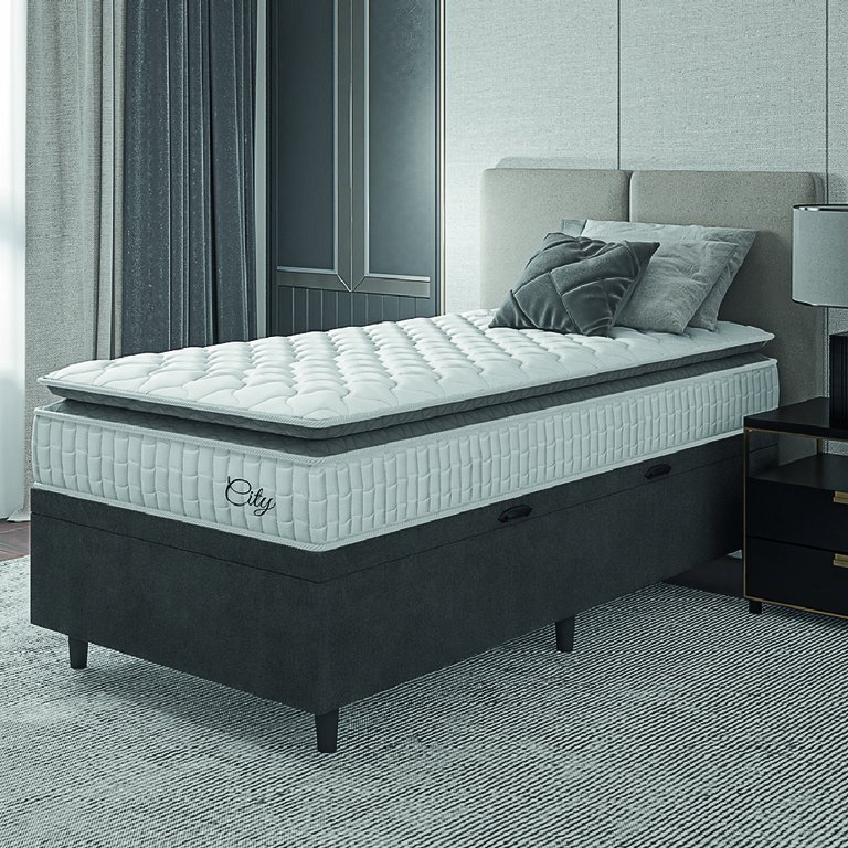 Cama Box Baú Colchão Solteiro Molas Ensacadas City Pillow Top 88x188x64cm Branco / Cinza Hellen - Su