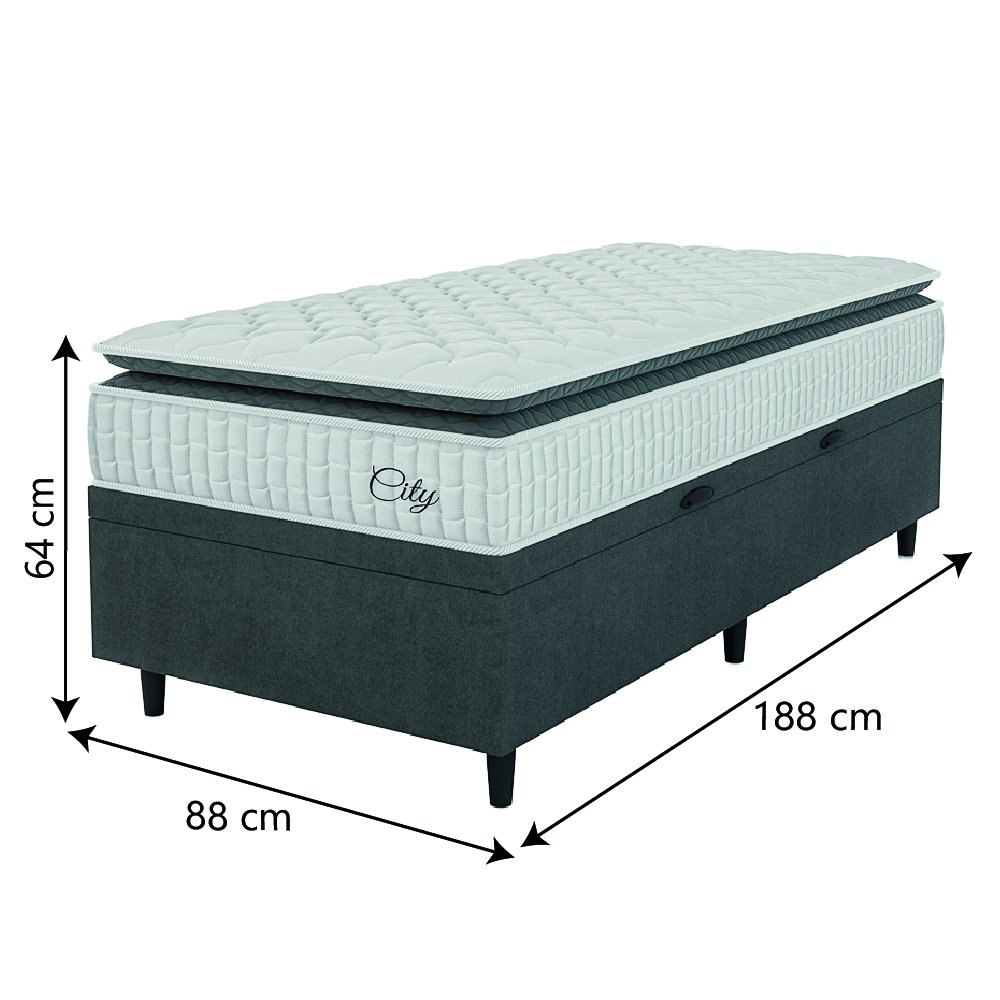 Cama Box Baú Colchão Solteiro Molas Ensacadas City Pillow Top 88x188x64cm Branco / Cinza Hellen - Su - 4