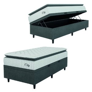 Cama Box Baú Colchão Solteiro Molas Ensacadas City Pillow Top 88x188x64cm Branco / Cinza Hellen - Su