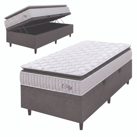 Cama Box Baú Colchão Solteiro Molas Ensacadas City Pillow Top 88x188x64cm Branco / Cinza Hellen - Su