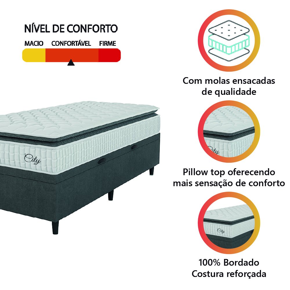 Cama Box Baú Colchão Solteiro Molas Ensacadas City Pillow Top 88x188x64cm Branco / Cinza Hellen - Su - 6