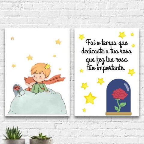 Kit 2 Quadros O Pequeno Príncipe E A Rosa 24x18cm - com vidro:Madeira preta