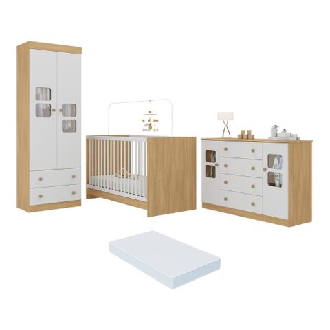 Quarto de Bebê Completo com Berço 3 em 1 com Colchão Incluso Brisa Multimóveis Mp4545 Madeirado/