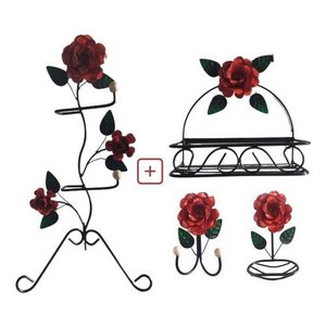 Kit para Banheiro 4 Peças em Ferro com Rosas:vermelho