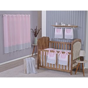 Enxoval de Bebe Kit de Berço Americano Cortina Algodão Menino Menina 9 Peças:chevron Rosa
