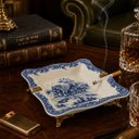 Ver imagem 2 de Centro de Mesa Cinzeiro em Porcelana Branco com Azul Alturaa:3,5 L:23 P:16