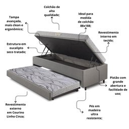 Bicama Box Baú Solteiro 88x188 corino Linho  com Colchão de Espuma Ecoline D20 Ecoflex - 5
